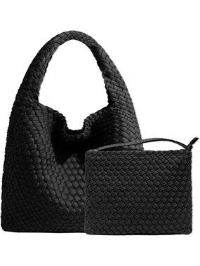 Women's Black Neoprene Top-handle Shoulder Bag Hobo Tote Wrist For Work Zipper